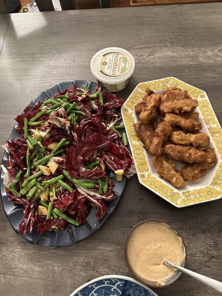 Radicchio salad and beer battered fish/wings (tempeh)