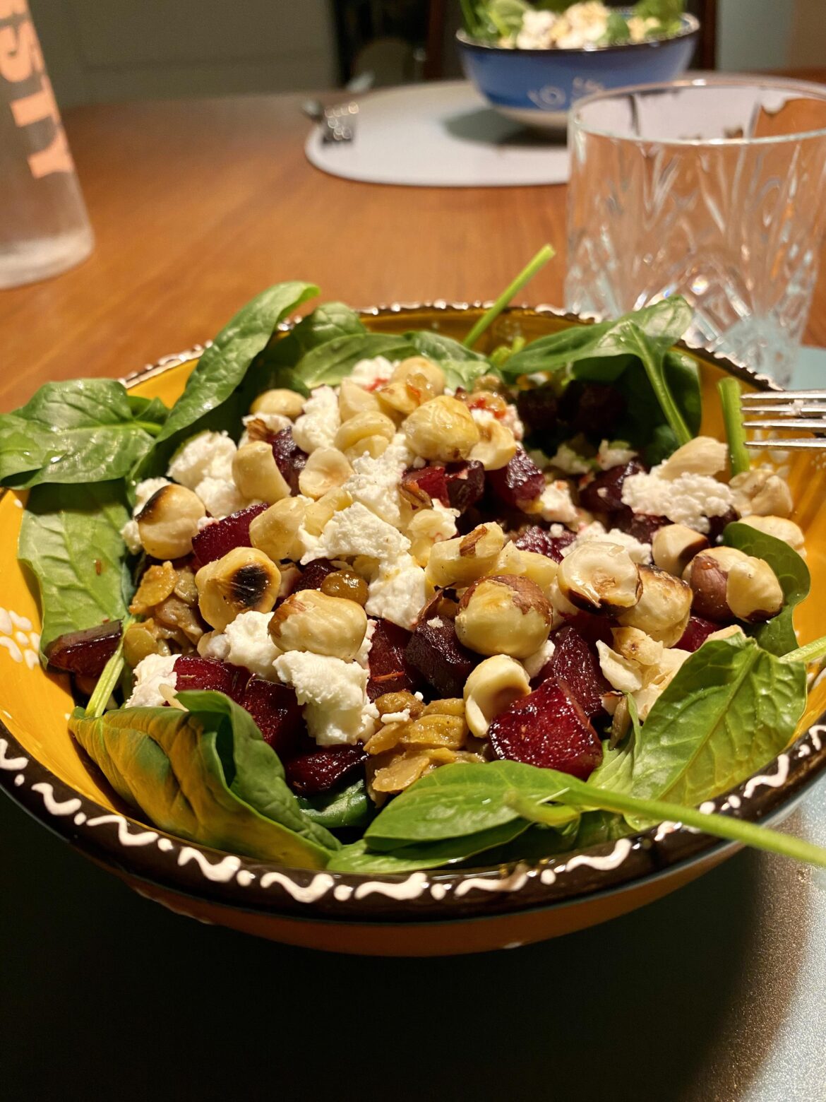 Beetroot and green lentil salad with roasted hazel nuts, feta and spinach