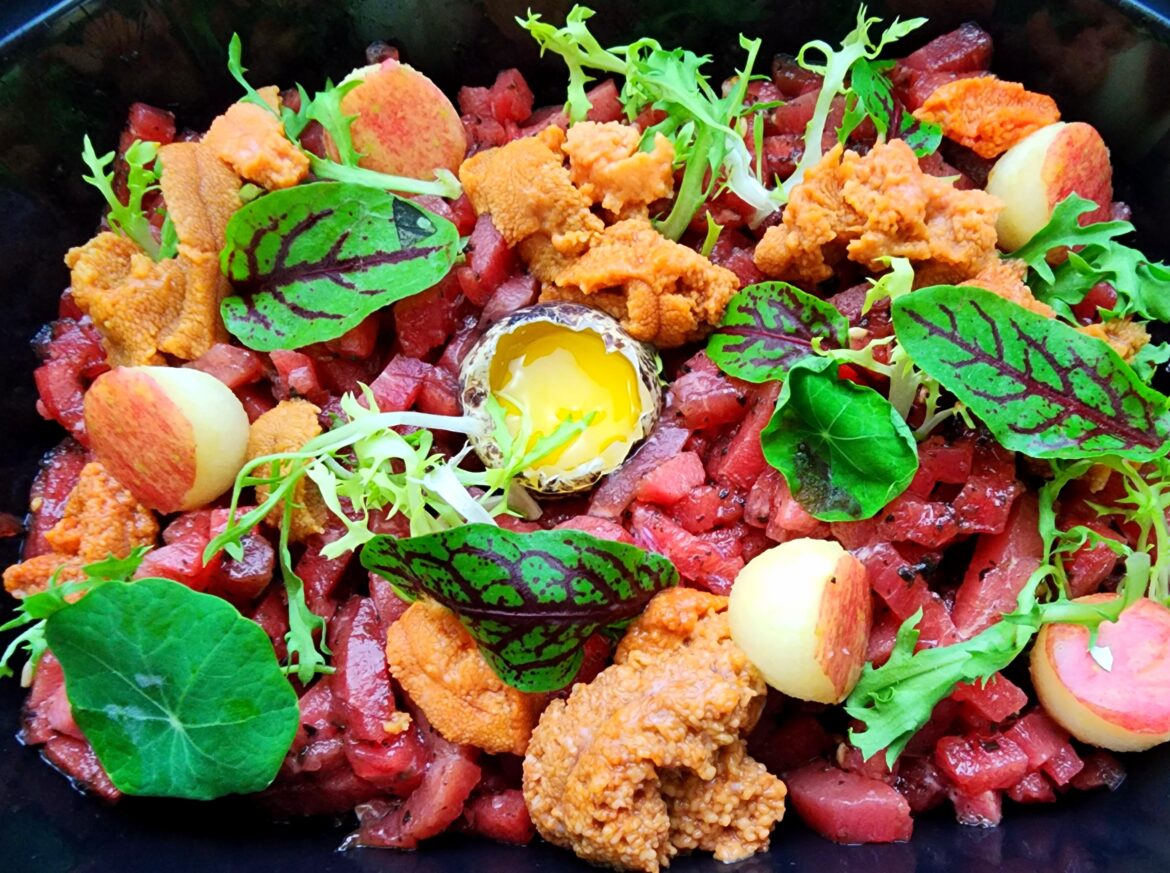 Sea Urchin Yukhoe with a quail egg and apple