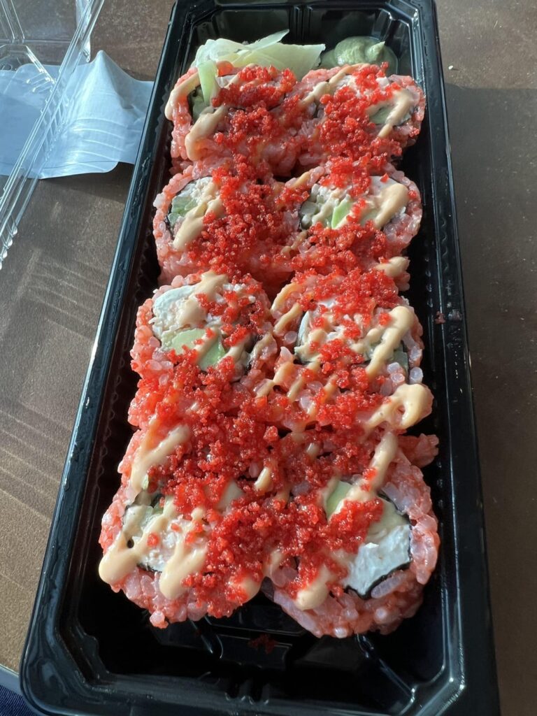 Cheetos Flamin Hot Roll from my hospital cafeteria’s sushi bar