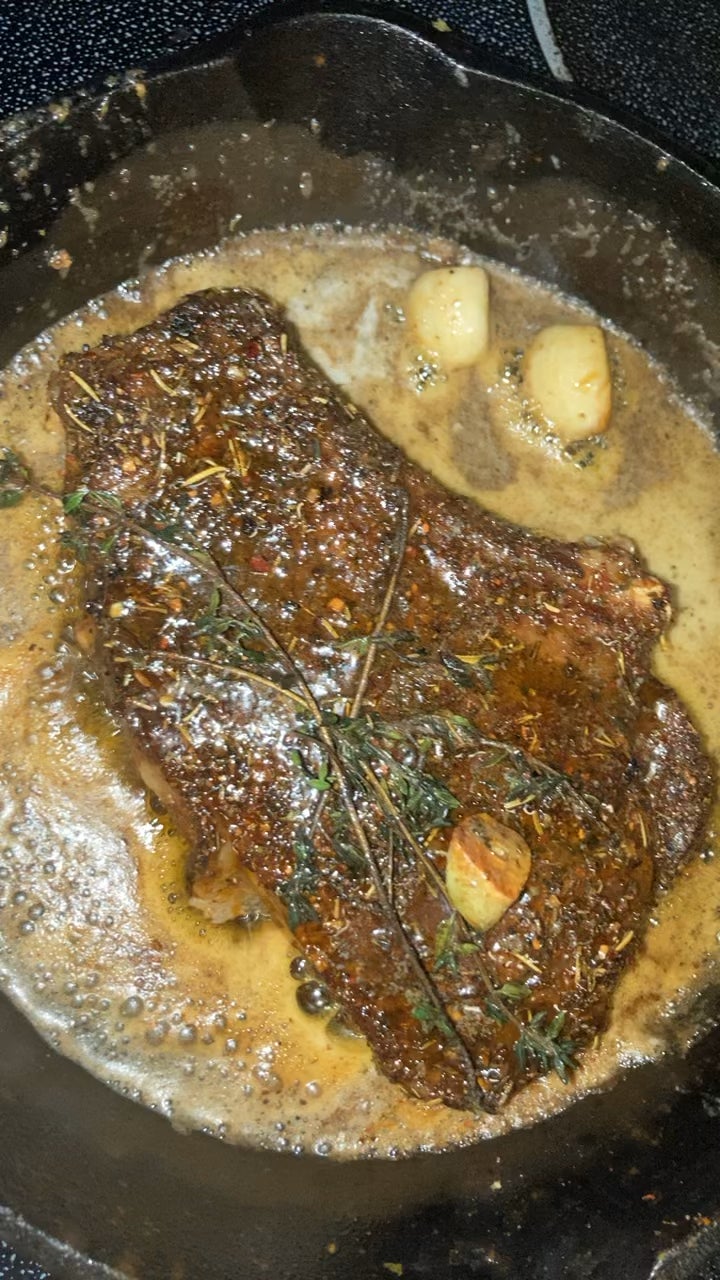 NYE ribeye in butter, thyme and garlic Dining and Cooking