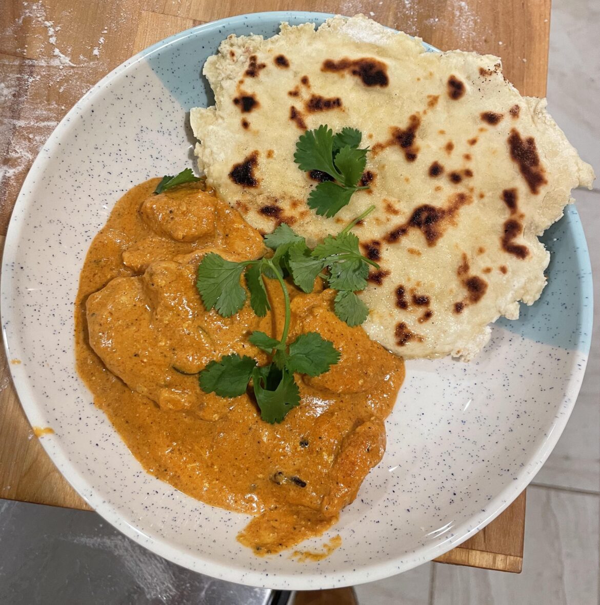 Butter chicken (of the woods mushroom!) with homemade naan. Info in comments!