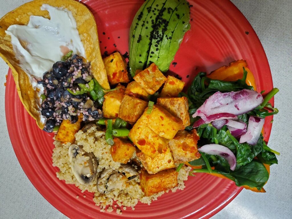 Tasty Air Fried Tofu with an Assorted Veggie Medley and Quinoa