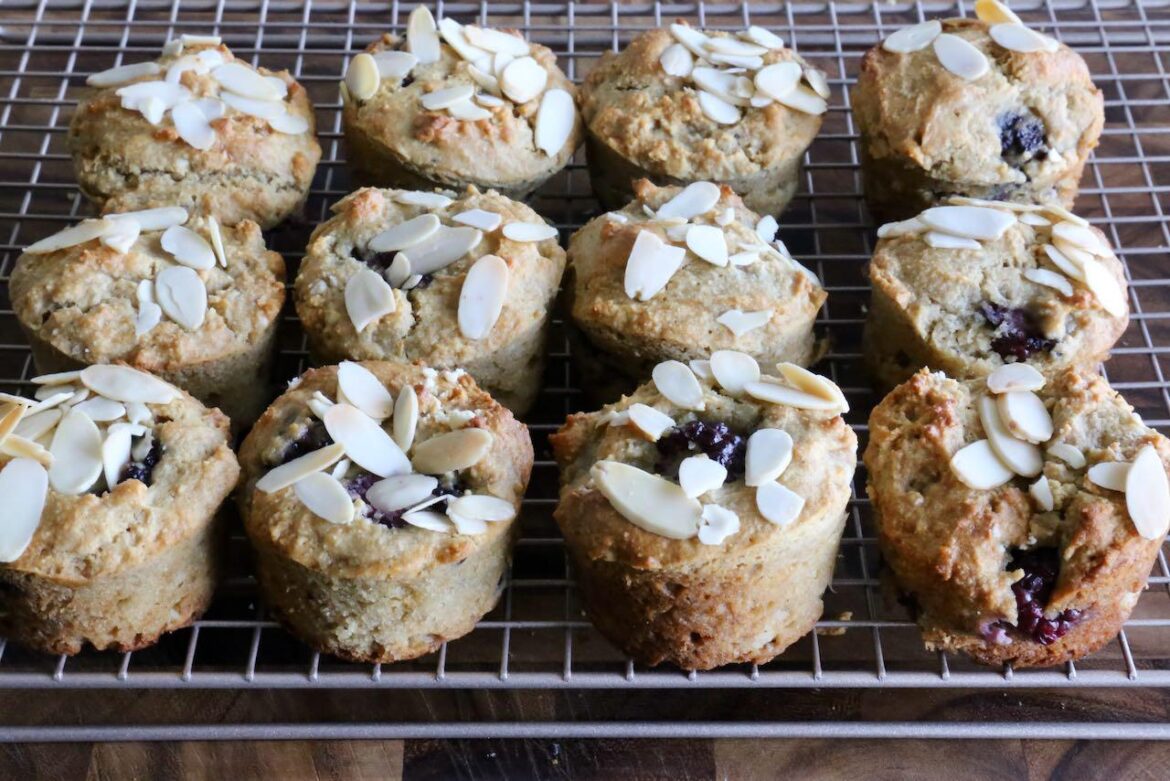 Moist and Fluffy Gluten-Free Blackberry Almond Flour Muffins.