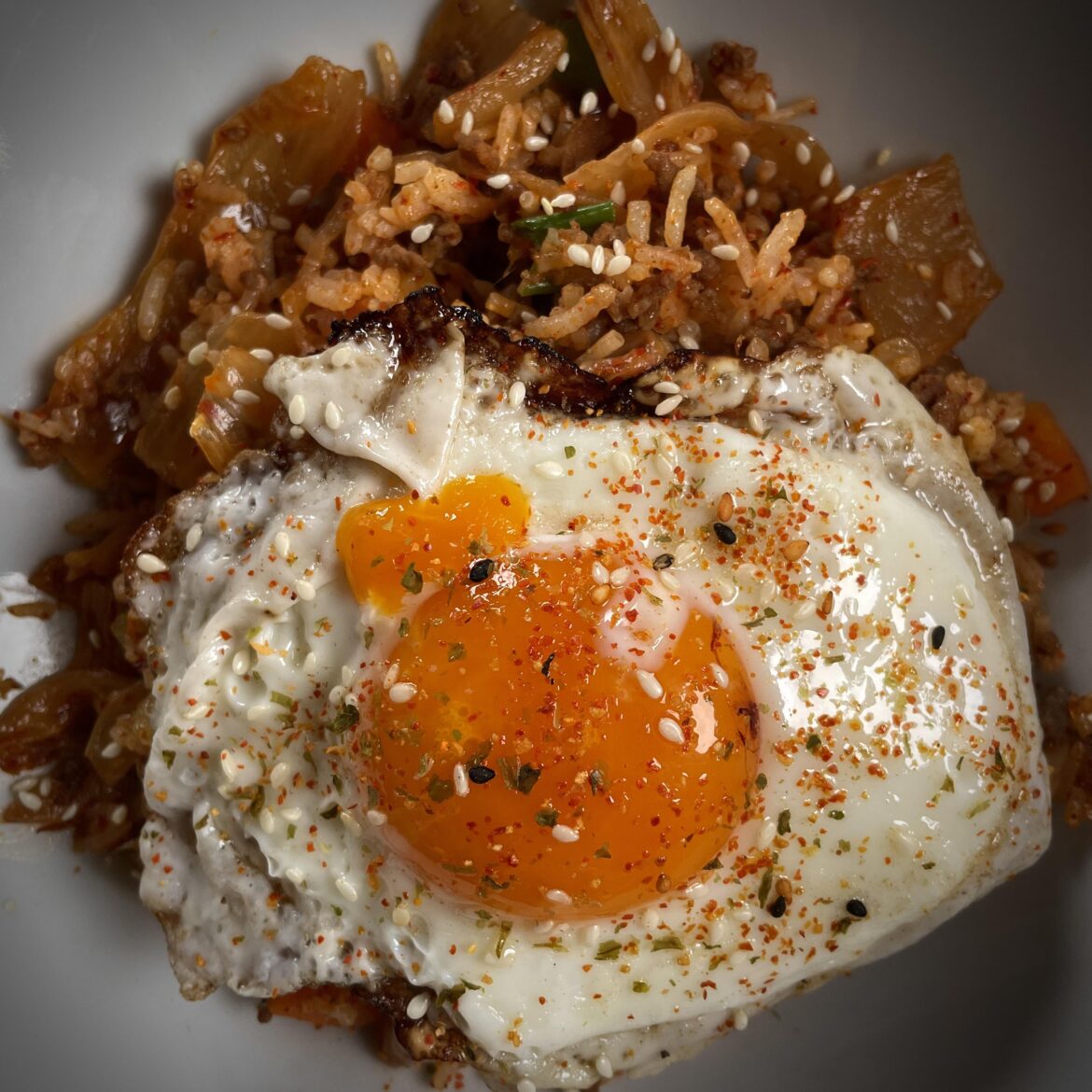 Kimchi Fried Rice with a backyard chicken egg.