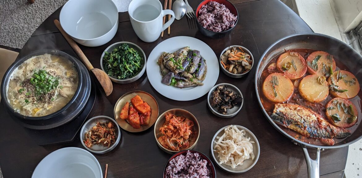 Deulkkae soondubu jjigae, godeungeo mujorim, and side dishes!