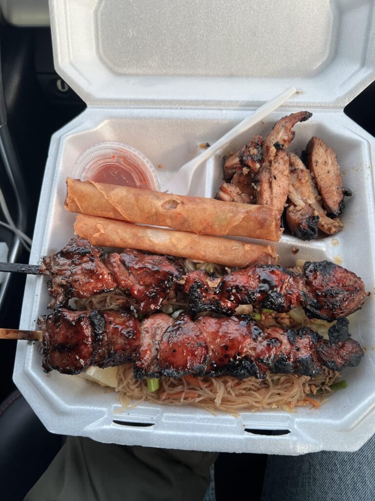 [I ate] Filipino chicken adobo, pancit, lumpia and BBQ pork