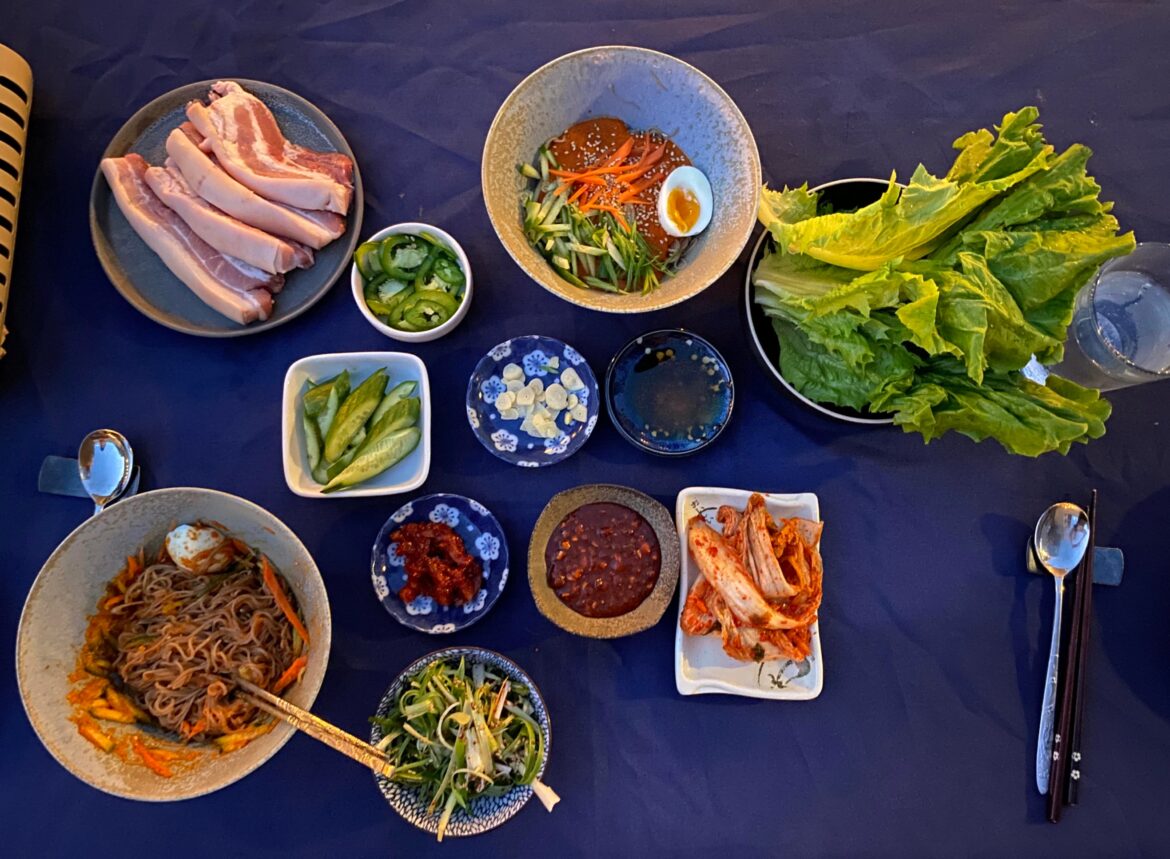 Missing summer kbbq nights in my backyard ft. Bibim naengmyeon w/home made sauce and thicc pork belly.