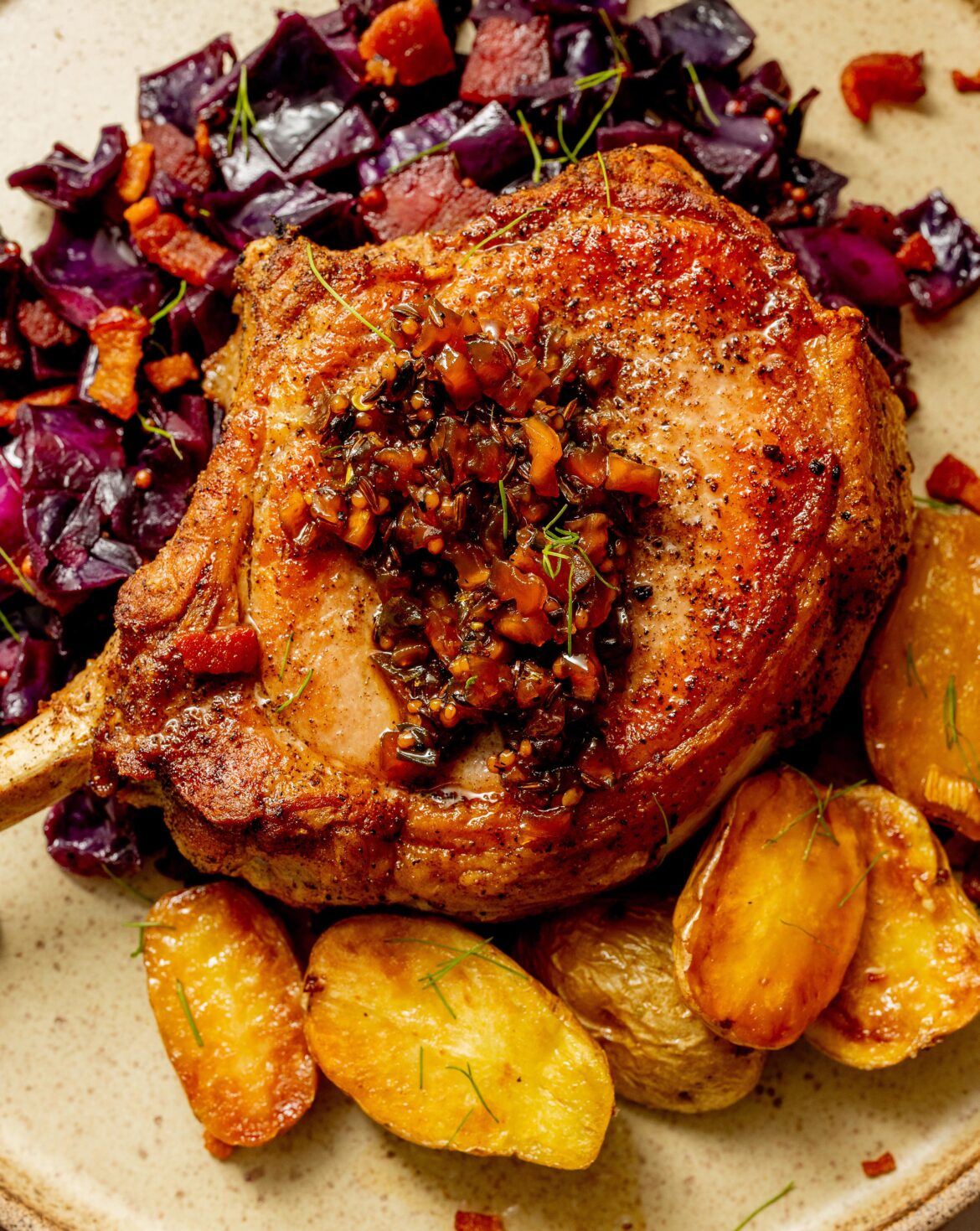 Pork Chops with Braised Red Cabbage and Sweet and Spicy Golden Beet Relish
