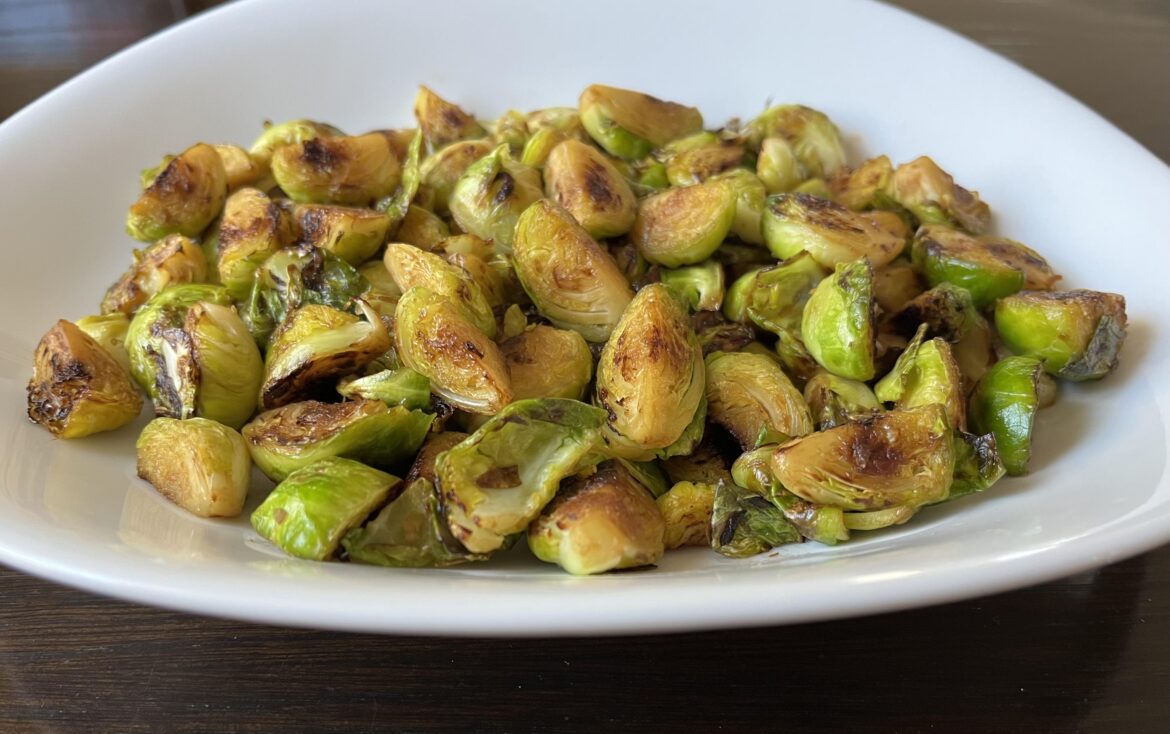 Pan-roasted Brussels sprouts with ginger, garlic and agave nectar.