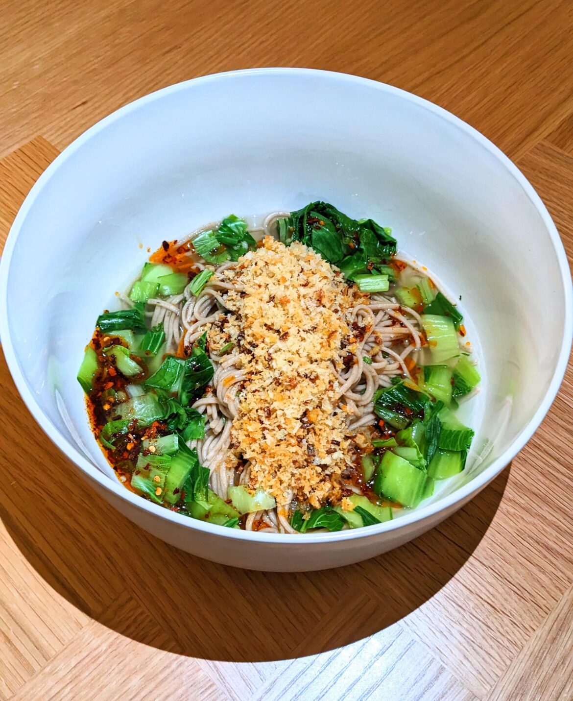Soba noodles with ginger broth and crunchy ginger. Added yu choy for color.