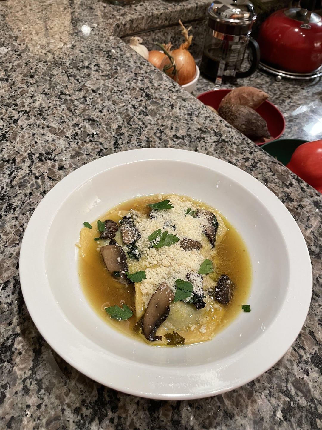 Pesto Ravioli in Chicken Mushroom Consommé, Parmesan & Parsley Dining and Cooking