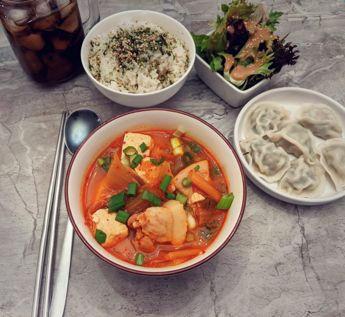 Kimchi jjigae and mandu for dinner
