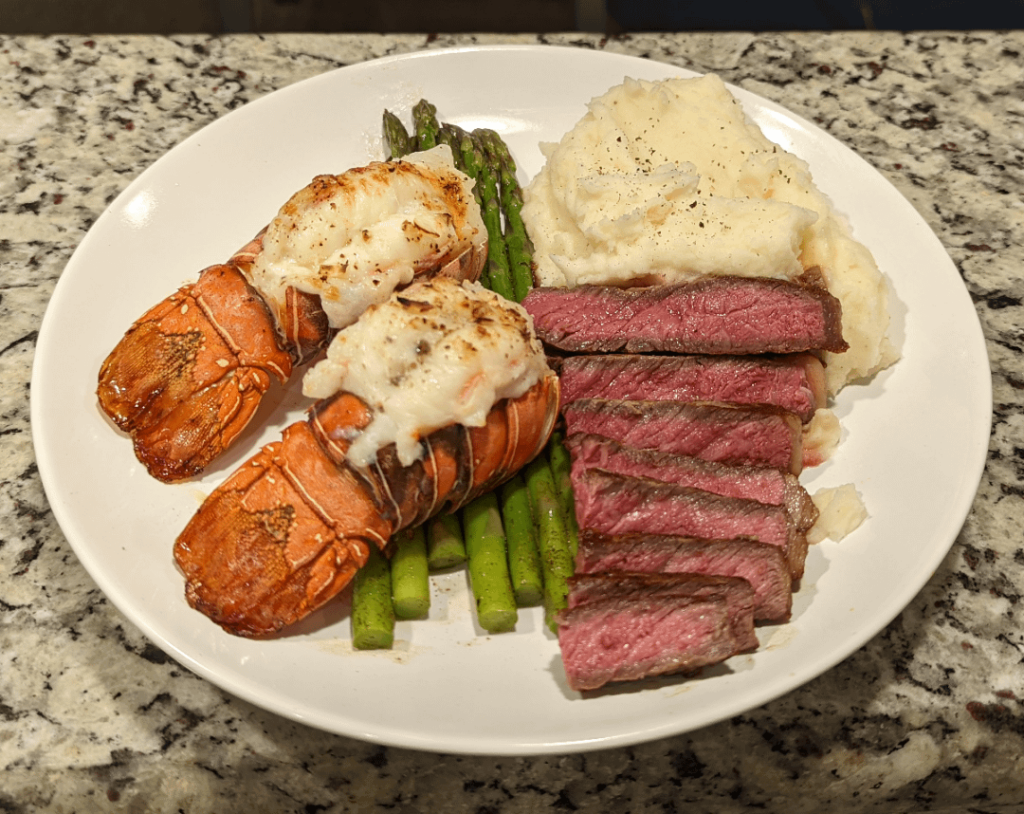 [homemade] Lobster Tails, Ribeye, Asparagus, and Mash