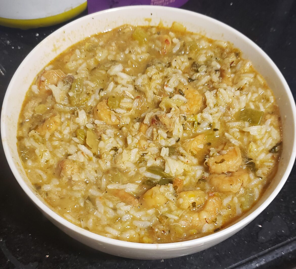Made-from-scratch seafood gumbo (crawfish, crab, and shrimp).