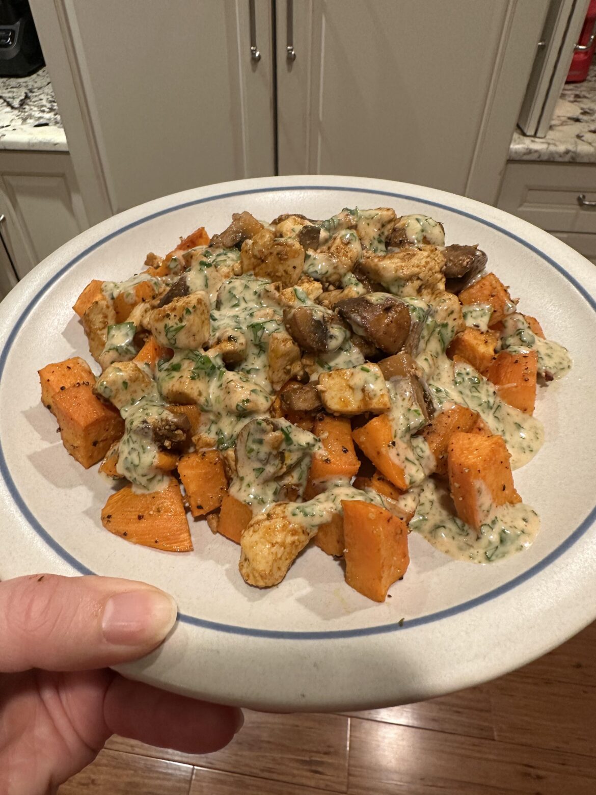Moroccan inspired tofu and mushrooms with roasted sweet potatoes and cilantro lemon aioli
