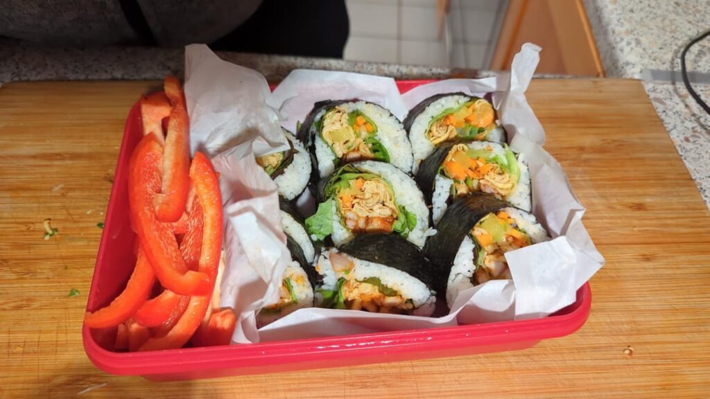 Kimbap with Pork and Ssam, Bulgogi and Tunafrom left to right. I need advice on how to keep the rice from drying up.