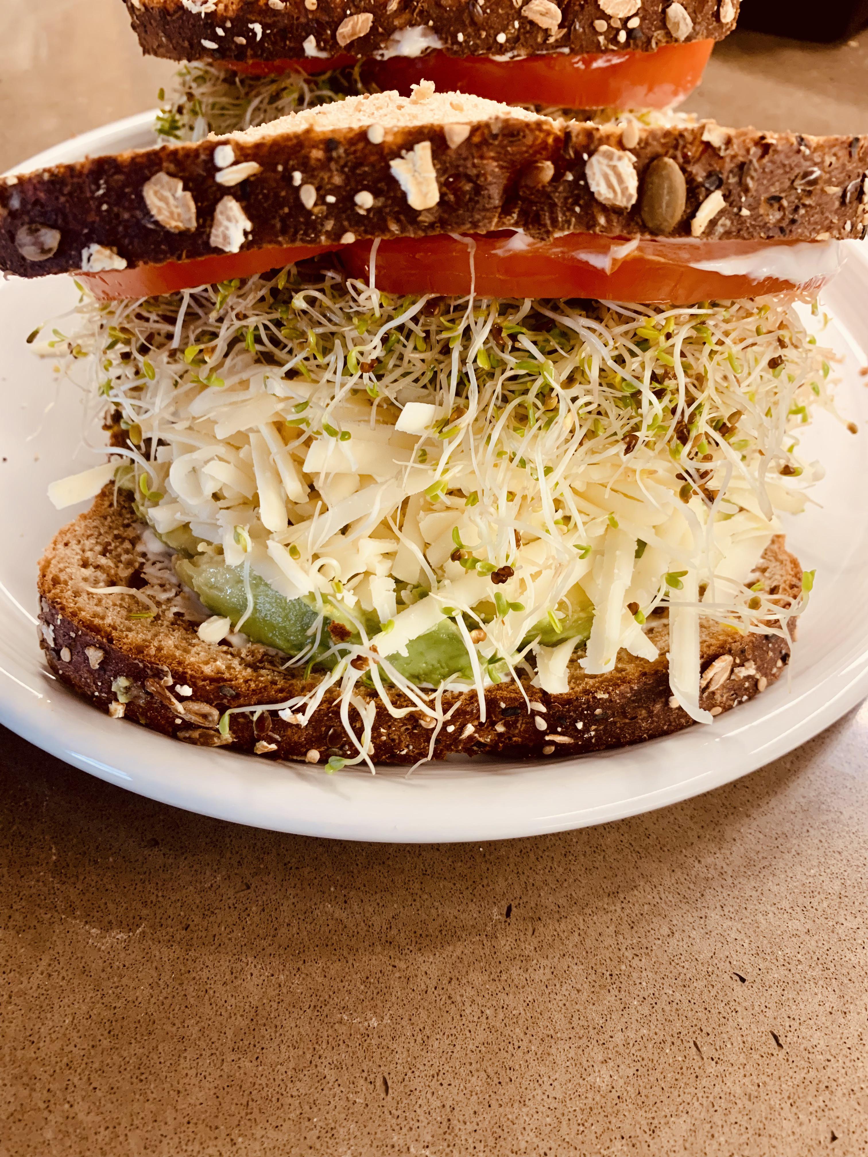 That 1970s California Vibe Avocado/Cheese/Sprout/Tomato Sandwiches