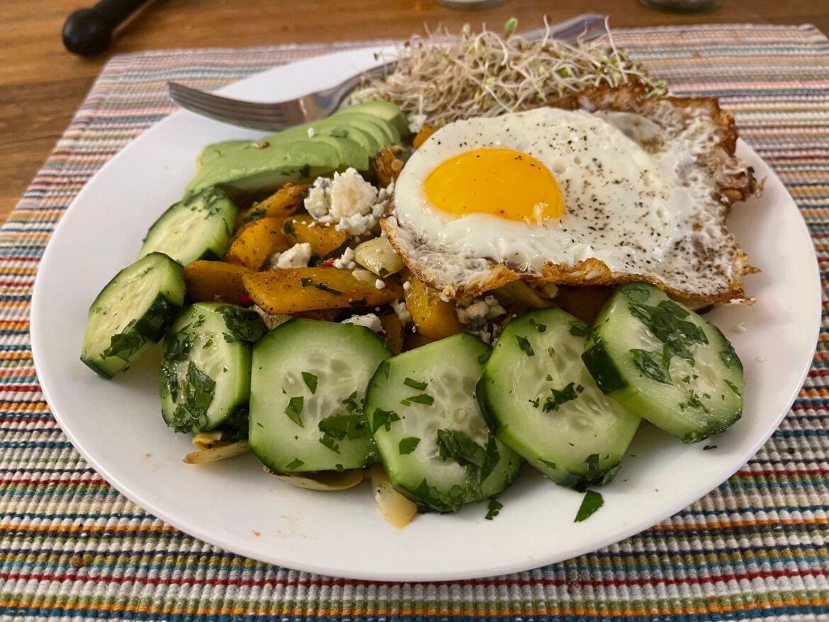 Turnip and Artichoke hash. Topped with marinated cucumber, Avocado, sprouts and an egg.