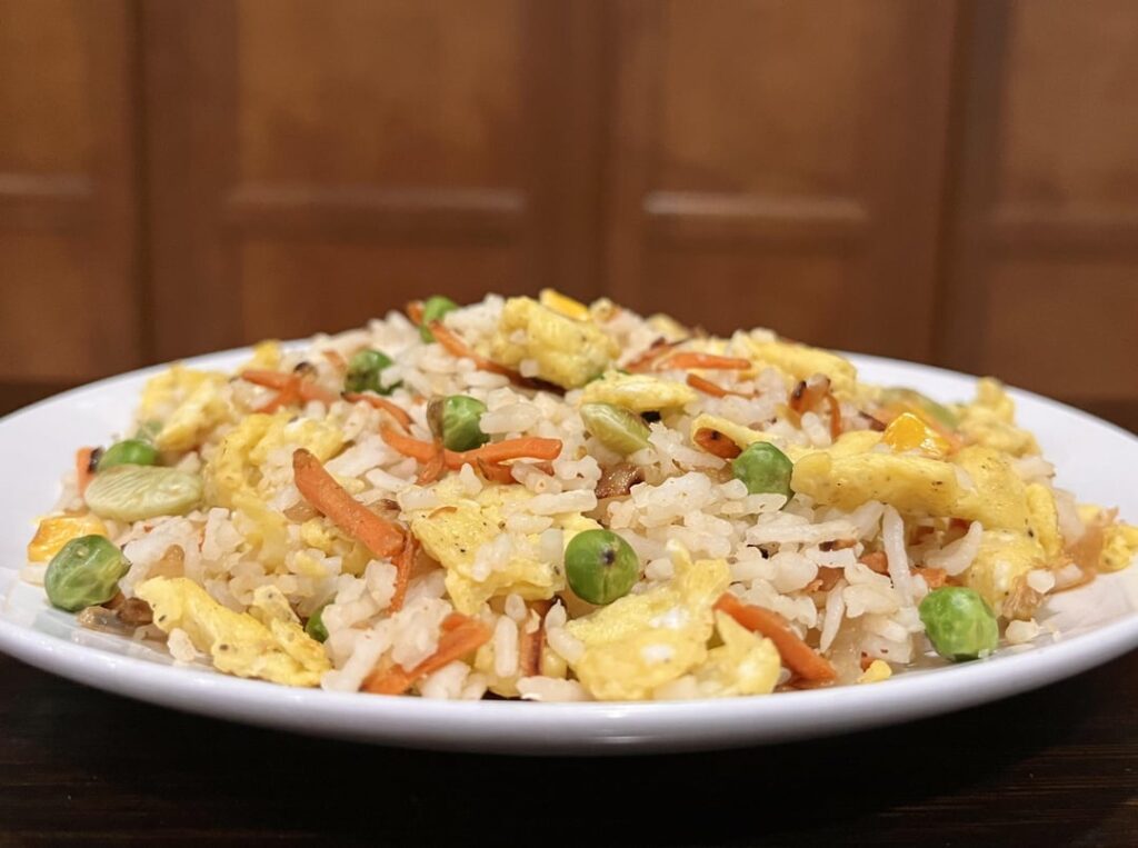 Brown Basmati rice stir fried with veggies and eggs.