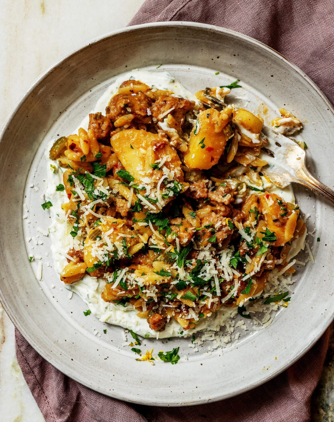 Parsnip Sausage Orzo with Whipped Ricotta