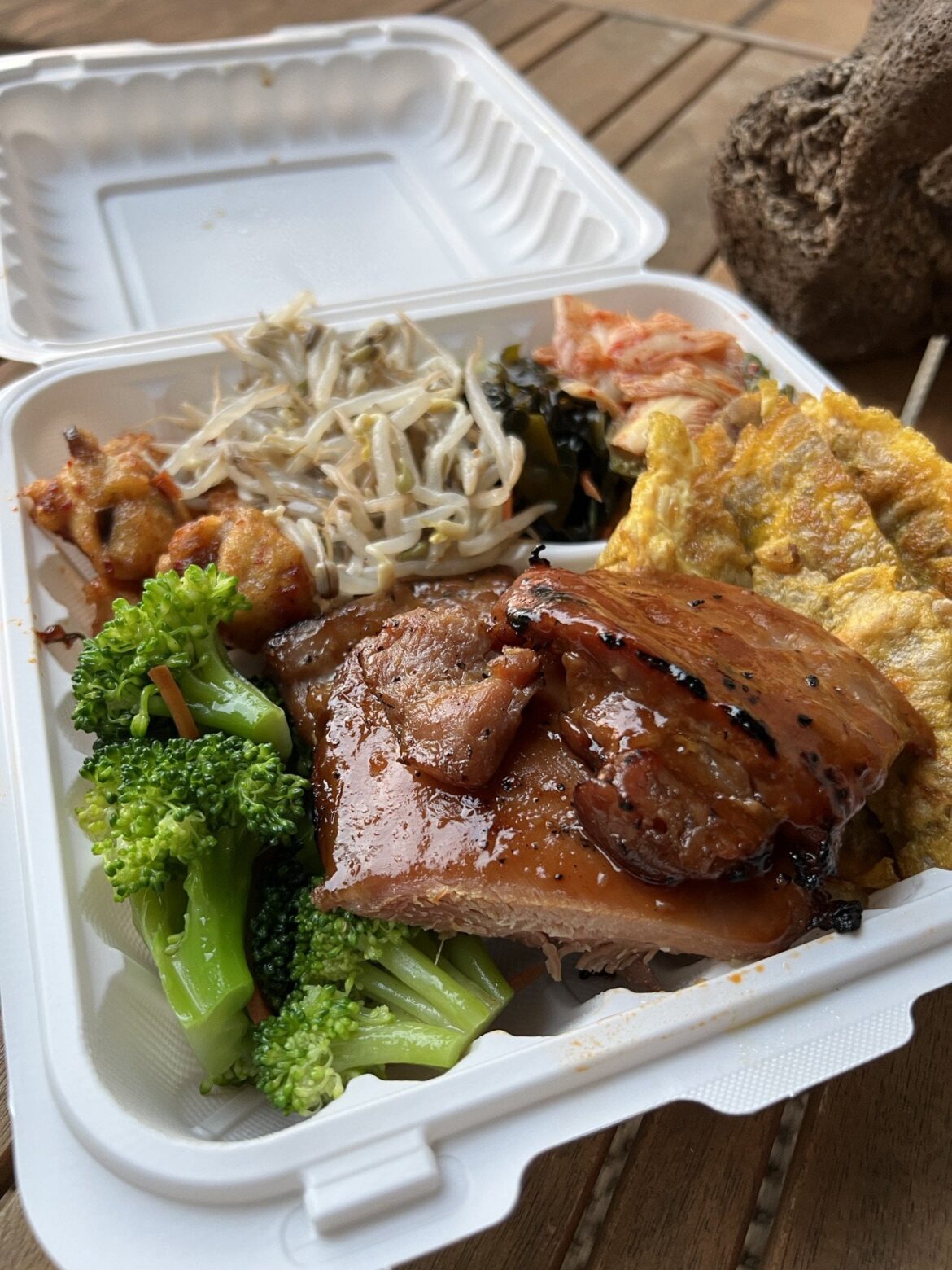 A yummy Korean takeout lunch in Hawaii~ Meat jun combo plates with BBQ chicken and kalbi from Mama Woo’s BBQ on Oahu