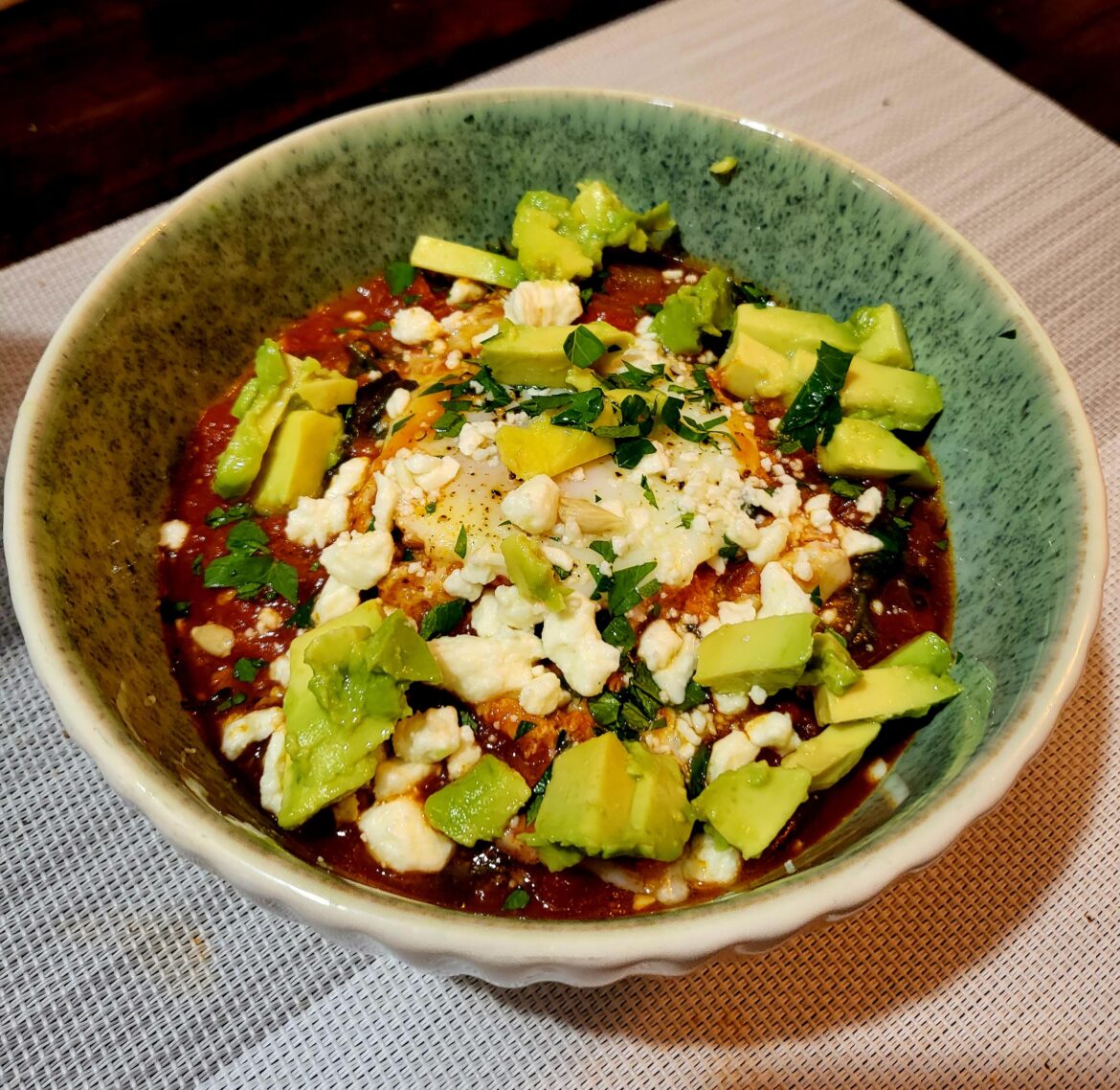 Shakshuka with Avocado, Lemon, and Harissa