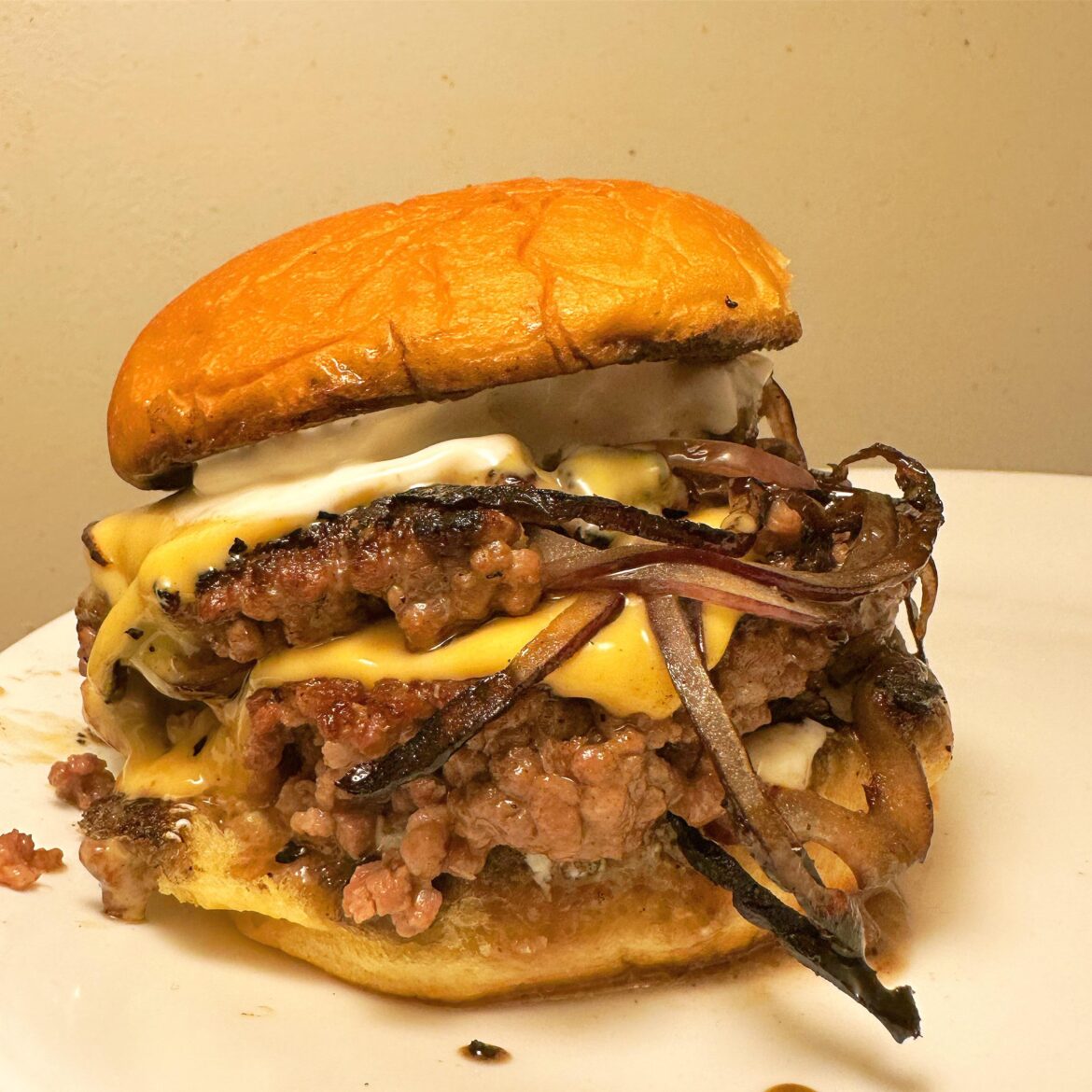 “Florida Onion Burger” - chuck/bacon patties smashed with red onion, American cheese, Helluva Good French Onion Dip, Potato bun
