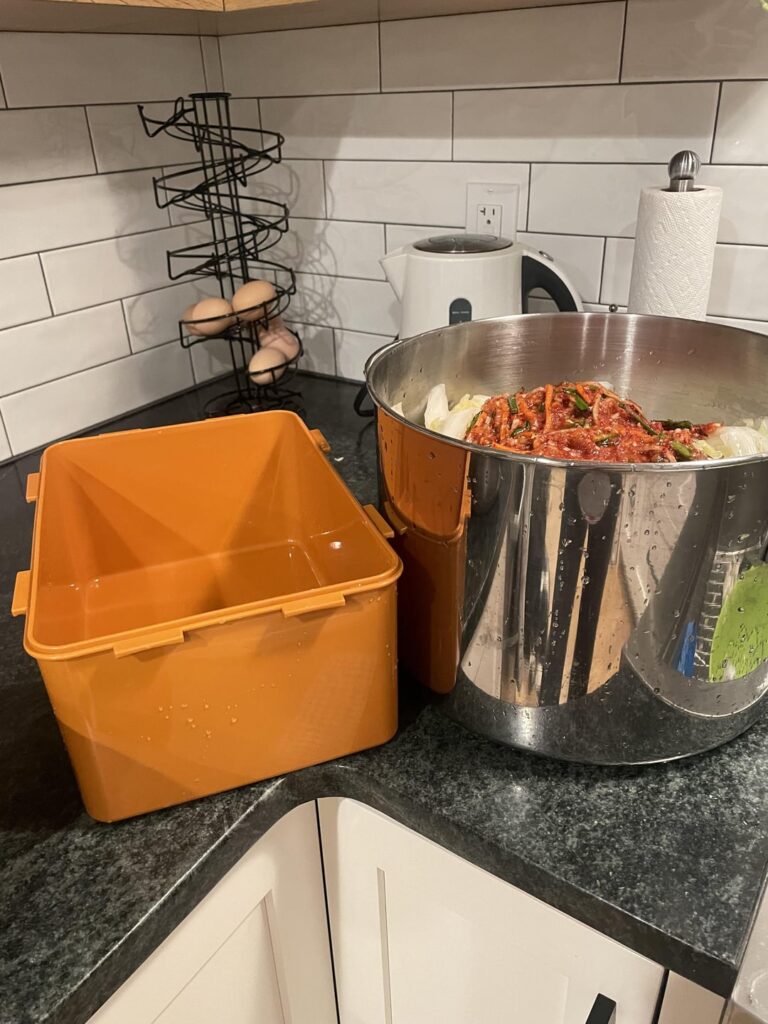 Underestimated how much volume will 16lbs of kimchee be. Still my container somehow handled it!