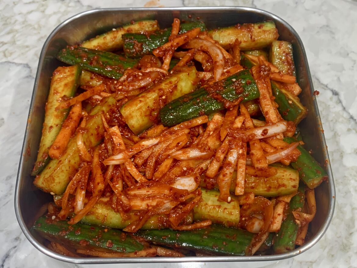 The cucumbers were about to go bad so my sister made oi kimchi (Maangchi’s recipe)