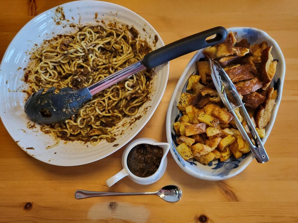 Comfort food for the family tonight with Fake duck, Singapore noodles, mushroom gravy and crispy potatoes.