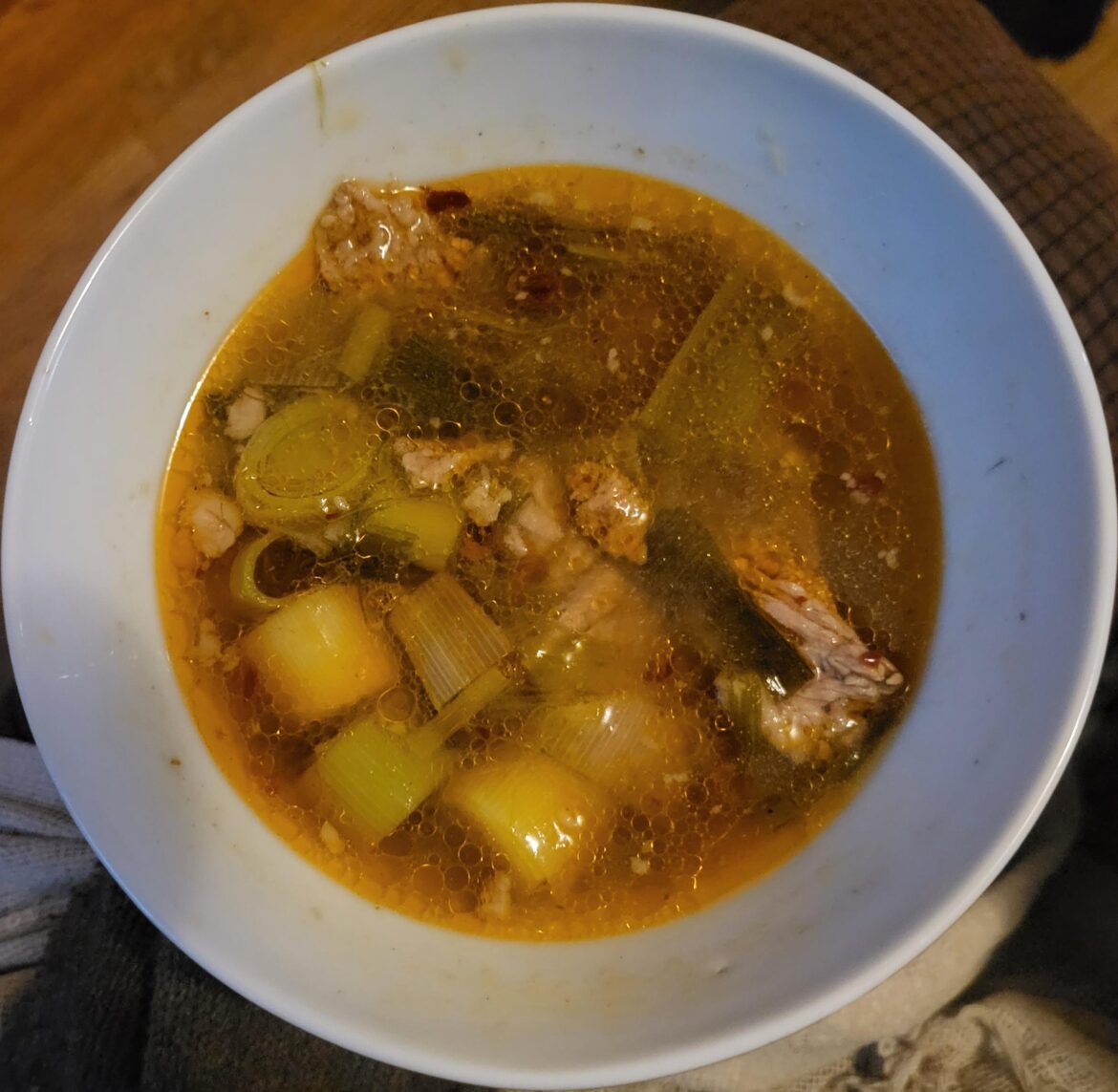 When I worked at a kindergarten in Korea I ate with them and the chef often made 무국 (beef and radish soup) and it was one of my faves. This is my tribute to her using leeks instead of 무. It's not as clear, but it sure is tasty!