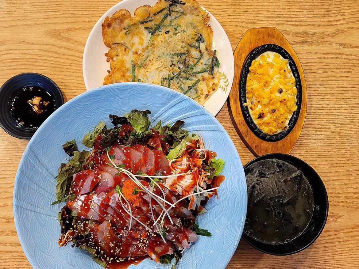 hwedupbap, miyeok guk, buchujeon & corn cheese