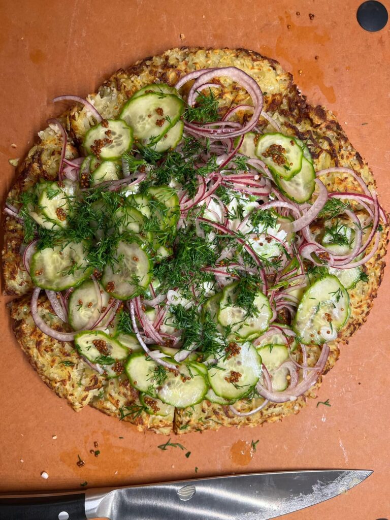 Rösti with quick pickle cucumber/red onion/dill and green onion cream cheese.