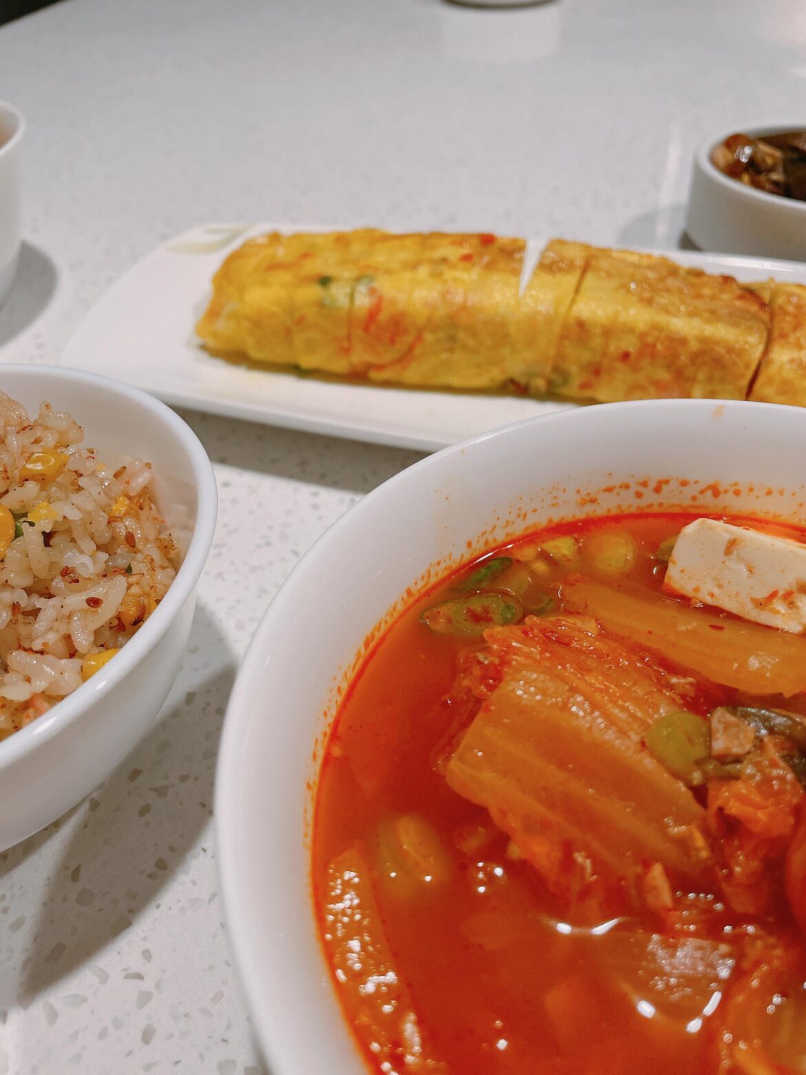 Fried rice, 계란말이(rolled egg) and first time making 김치찌개 (kimchi stew)