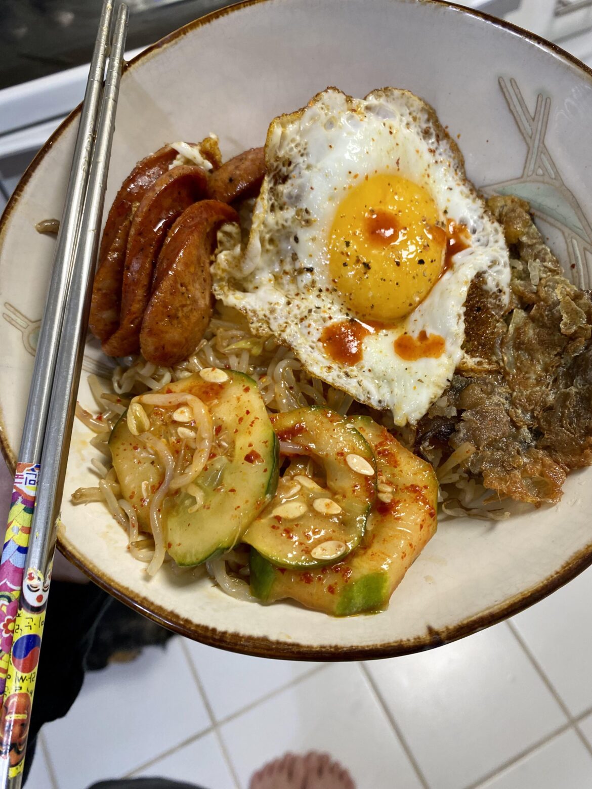 Inspired by u/da2810 to clean my fridge out too. I ended up with this Hawaii kine bowl