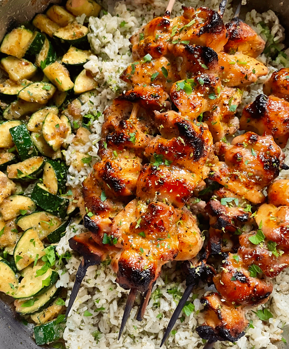 Spicy honey lime chicken kabobs, cilantro lime jasmine rice, and
