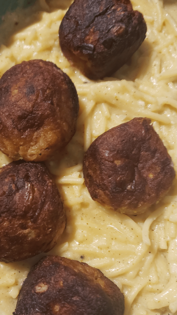 Potato & Chickpea Meatless Balls w/ Yogurt Alfredo