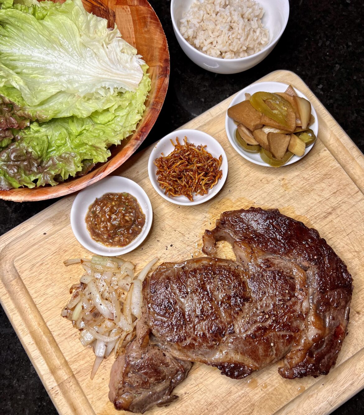 Ribeye with homemade ssamjang and jangajji. New favorite vegetable banchan