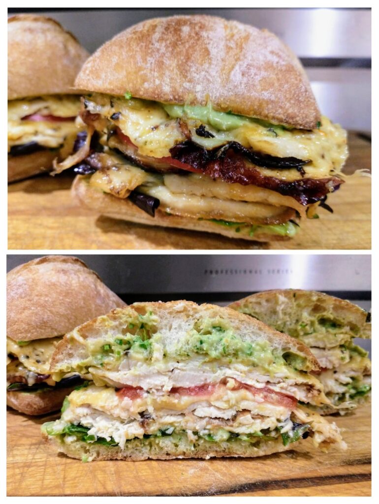 Homemade Chicken Sandwich - Rotisserie Chicken, Pepper Jack Cheese, Tomato, Spinach, and Avocado Herb Mayo on Ciabatta Roll.
