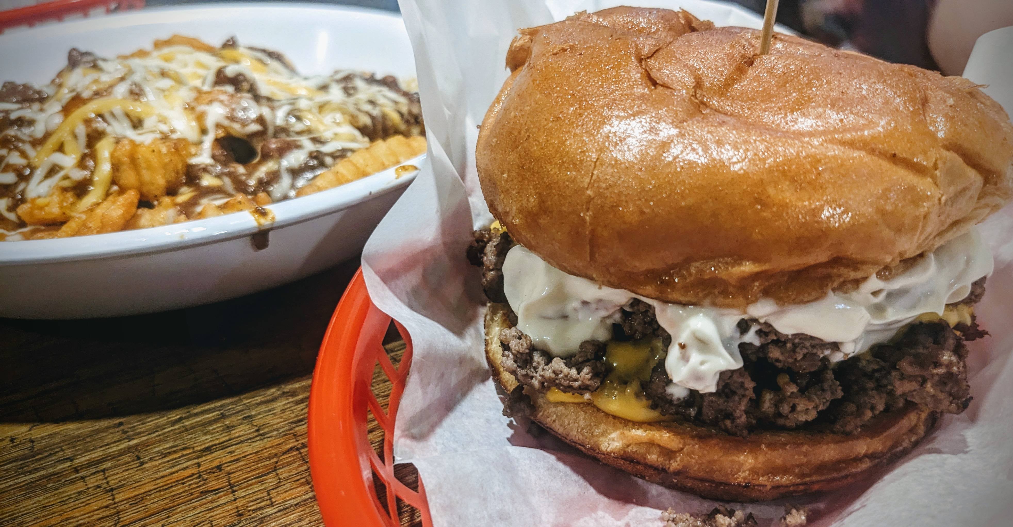 Crumble burger with cheese & olive sauce. Kewpee Burger Lansing