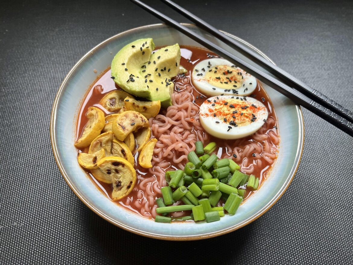 Veggie Ramen in Beet broth.