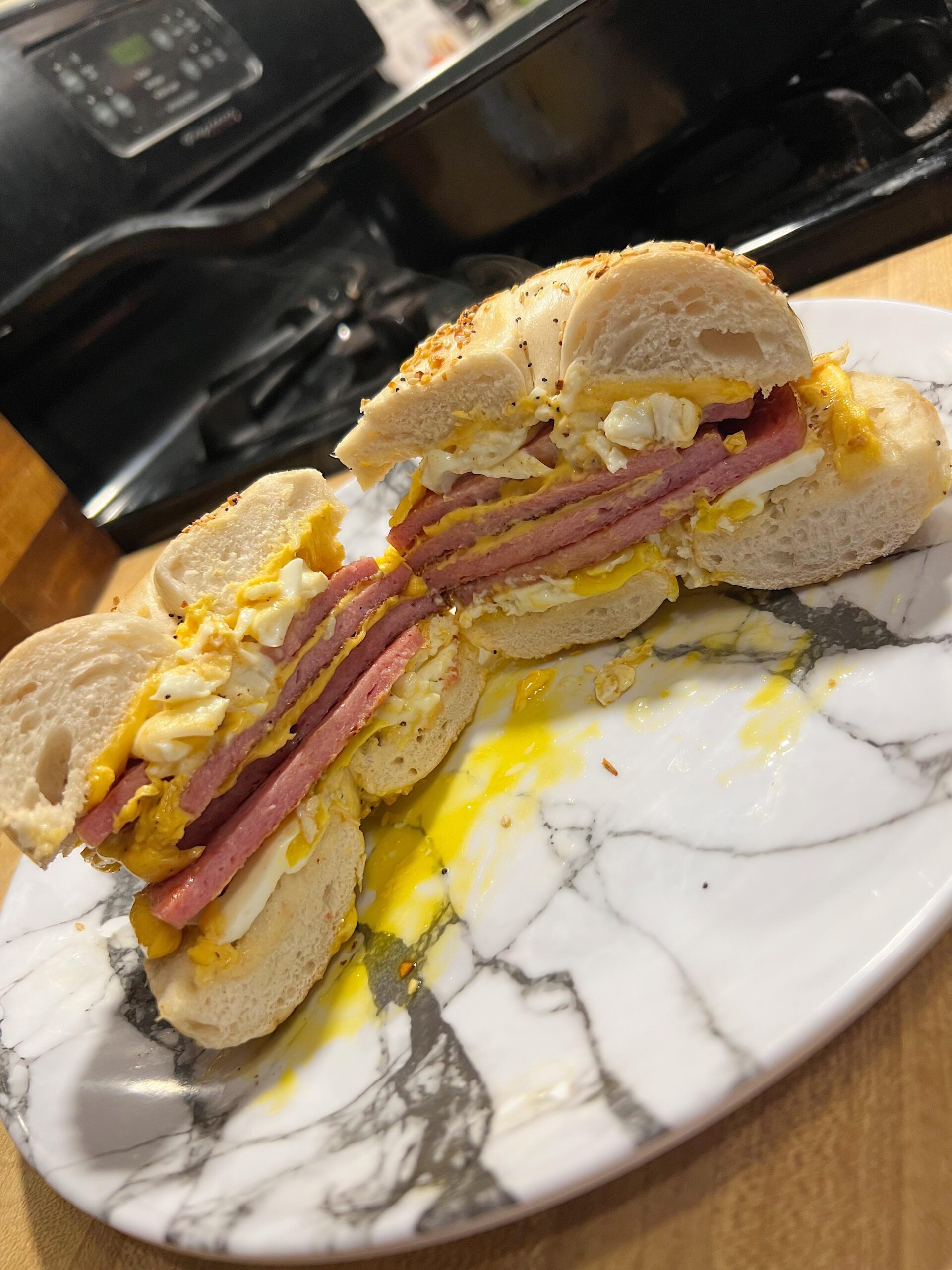 Taylor Ham Egg and Cheese on Everything bagel…. Homemade. Dining and