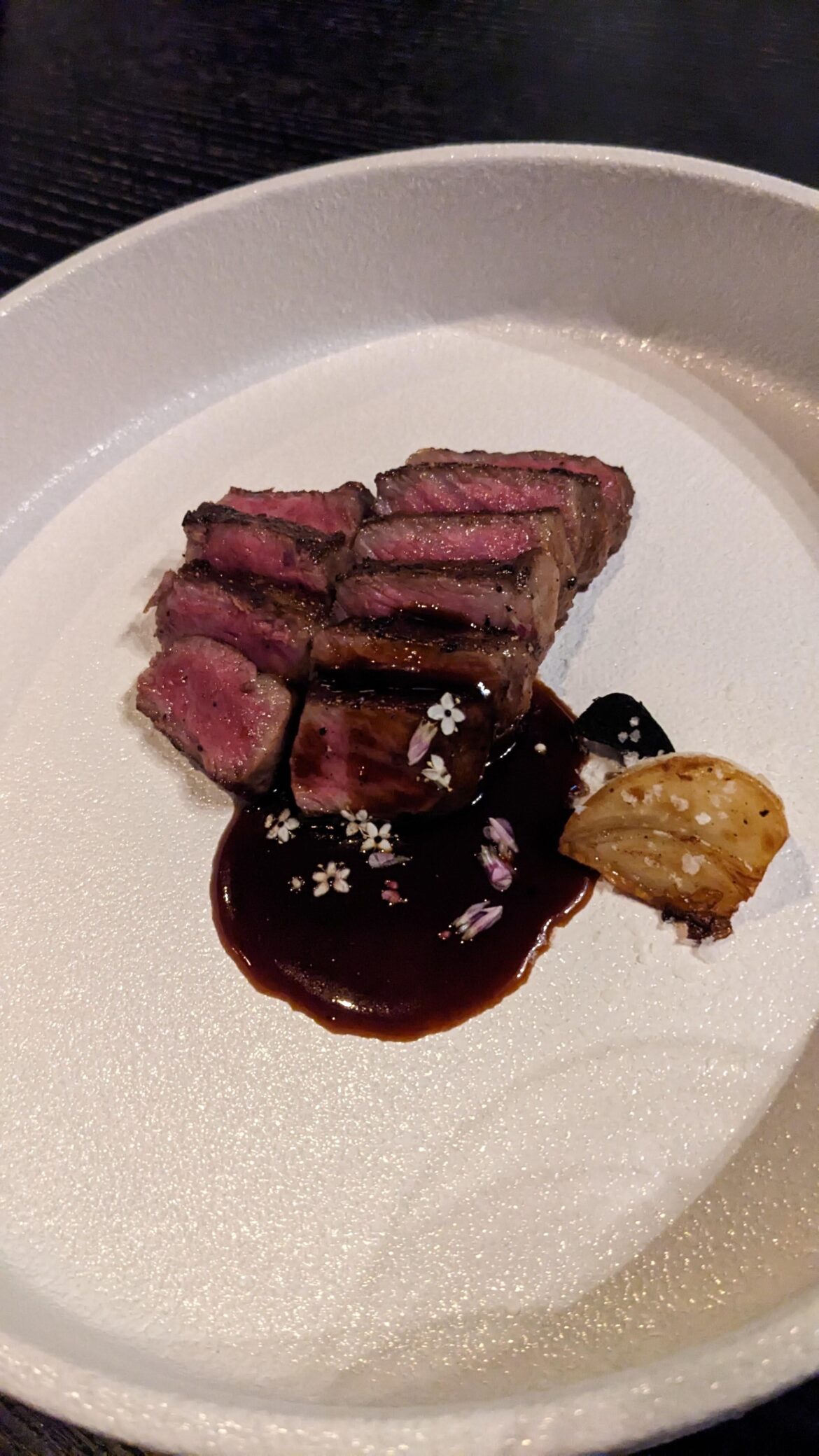 [I ate] Japanese A5 wagyu striploin, Aomori Garlic, Japanese Black Garlic, Red Wine Yakiniku Sauce