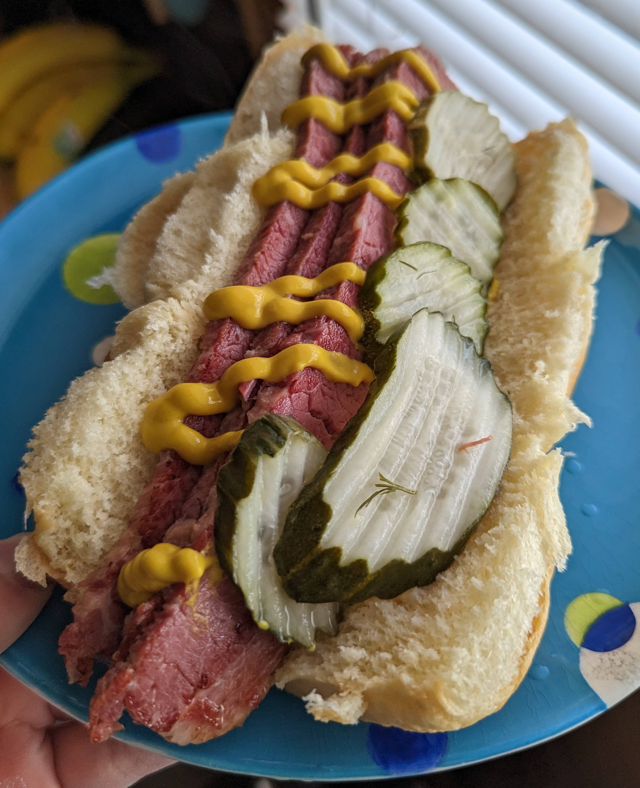 Corned beef, dill pickles, French's mustard, on King's Hawaiian rolls