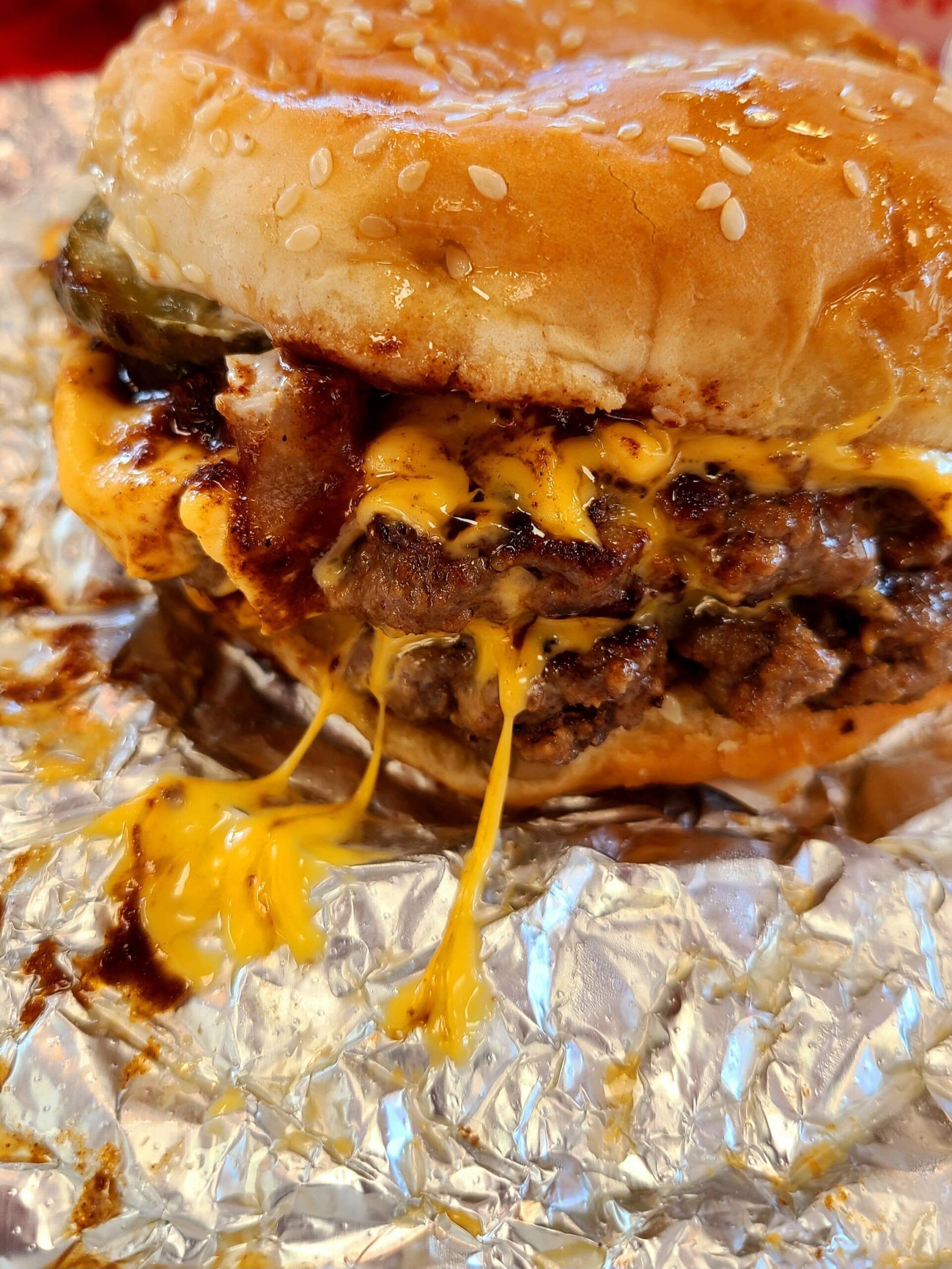 Five Guys cheeseburger with A1, pickles, mushrooms and mayo Dining