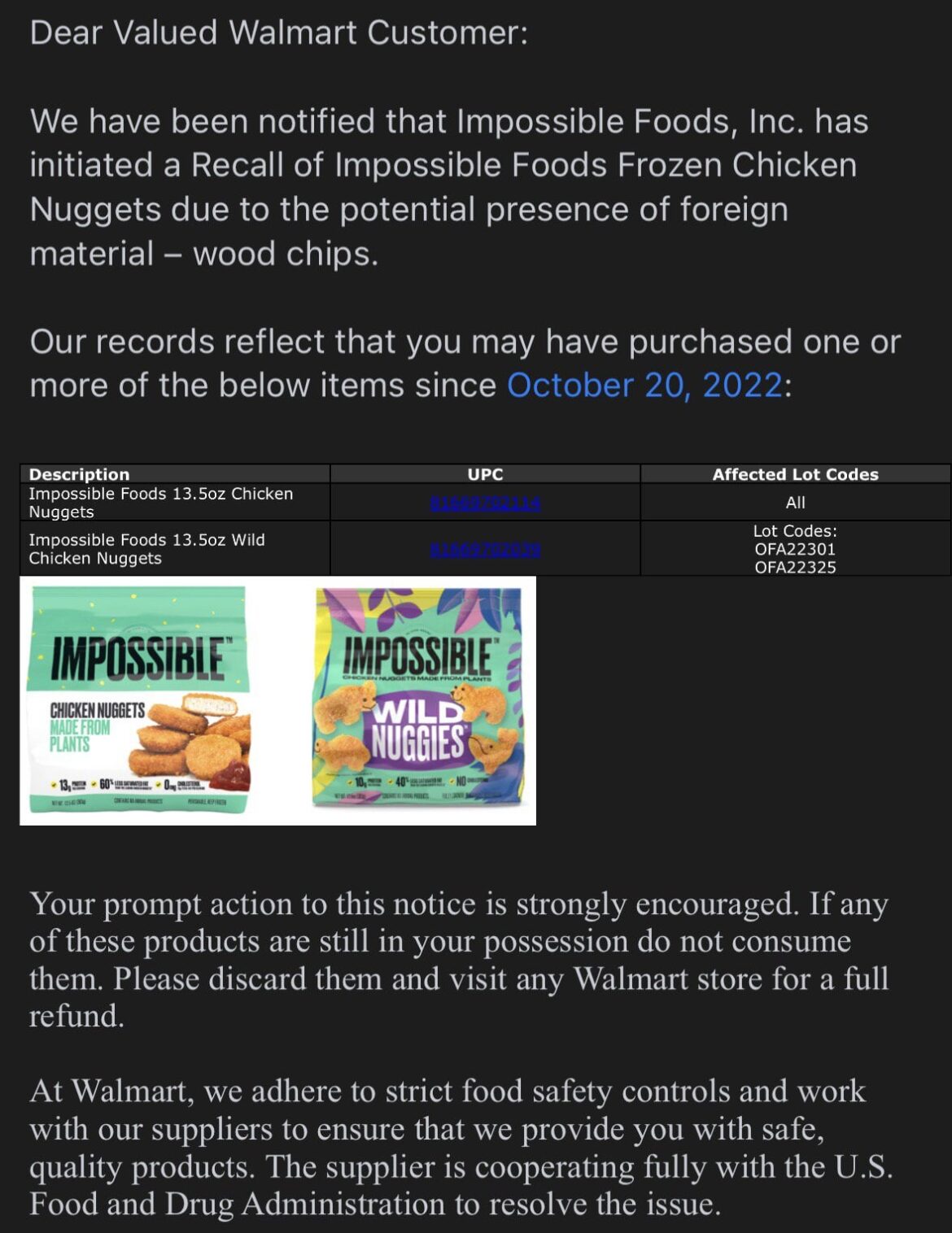 Impossible Chicken Nuggets Recall