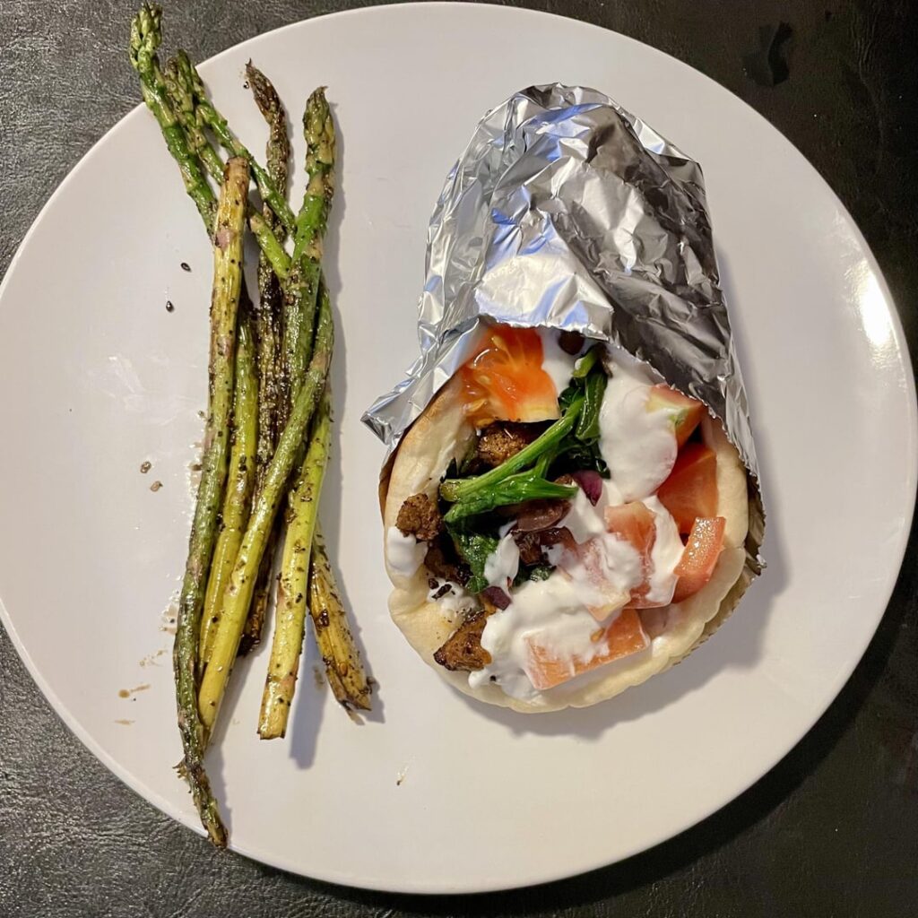 Seitan & spinach gyro w/ grilled asparagus