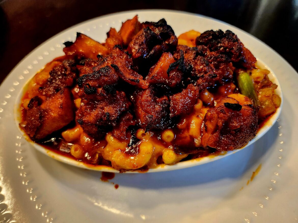 Kimchi Mac & Cheese with Gochujang glazed Korean Fried Chicken