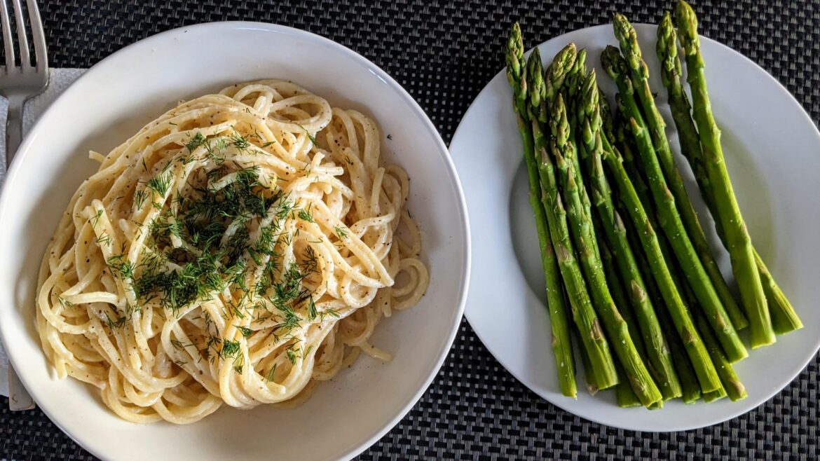 Spaghetti al limone with a side of micro steamed asparagus